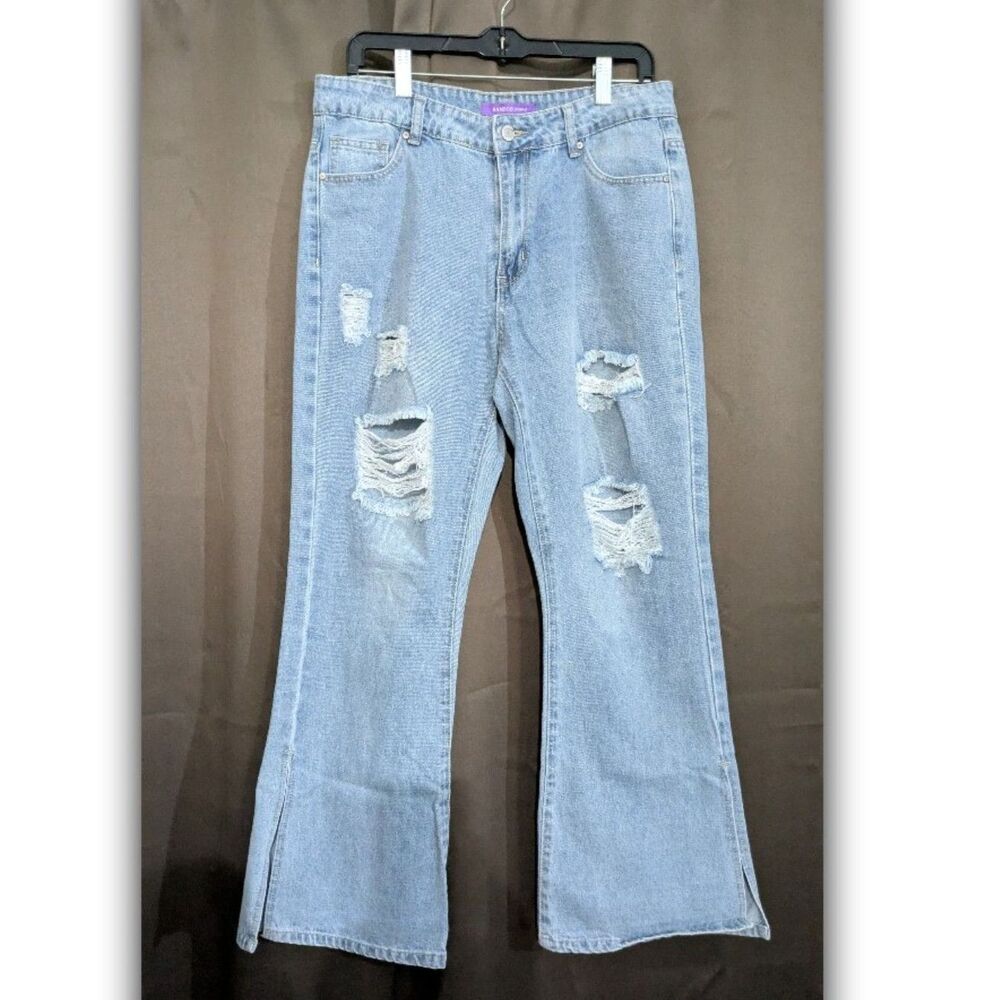 BAMBOO Jeans Womens 14 Blue Denim Bell Bottom Flare Leg Split Jeans Y2K Retro